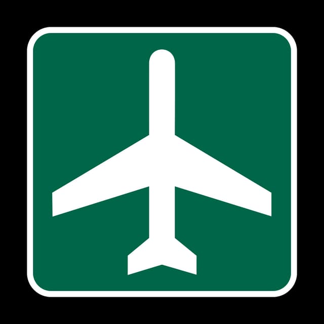 Airport sign - Indicates the direction to a nearby airport or airfield so drivers can follow the route to passenger or cargo terminals.