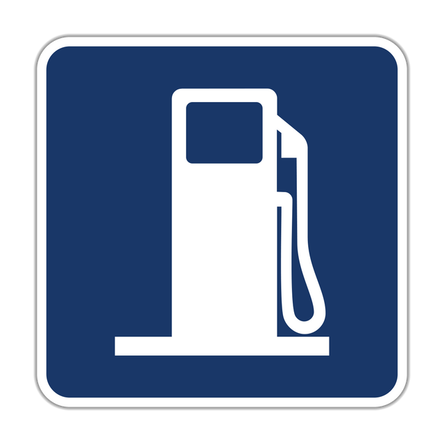 Gas sign - Identifies nearby gas or service stations where drivers can refuel their vehicles.