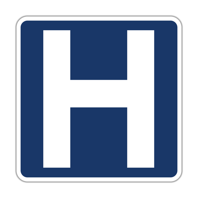 Hospital sign - Directs drivers to the nearest hospital or major medical center for treatment and emergencies.
