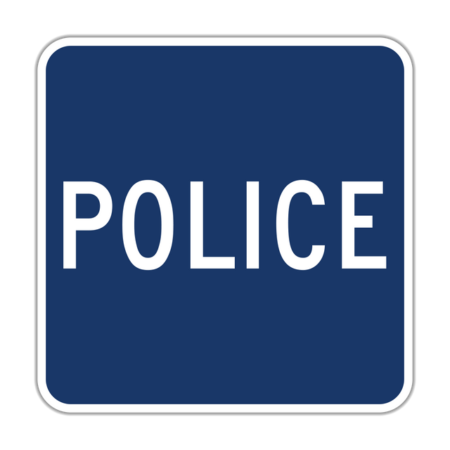 Police sign - Identifies the location of a police station or law enforcement services for assistance and reporting.