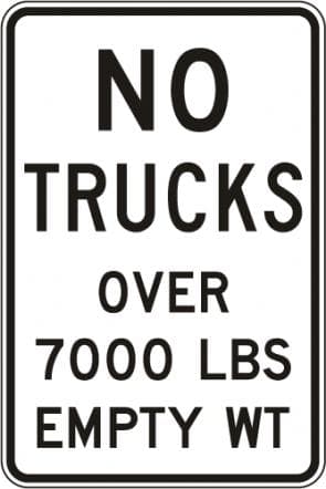 No Trucks Over XX Tons sign - Prohibits trucks above a specified weight from using this road or bridge for safety or structural reasons.