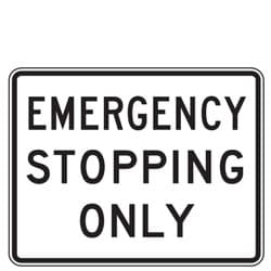 Emergency Stopping Only sign - Limits shoulder or roadside use to emergencies; routine parking or stopping is not allowed.