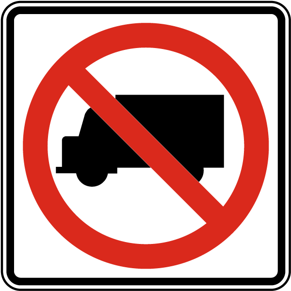 No Trucks sign - Restricts large trucks from this roadway or lane due to weight, size, or local regulations.