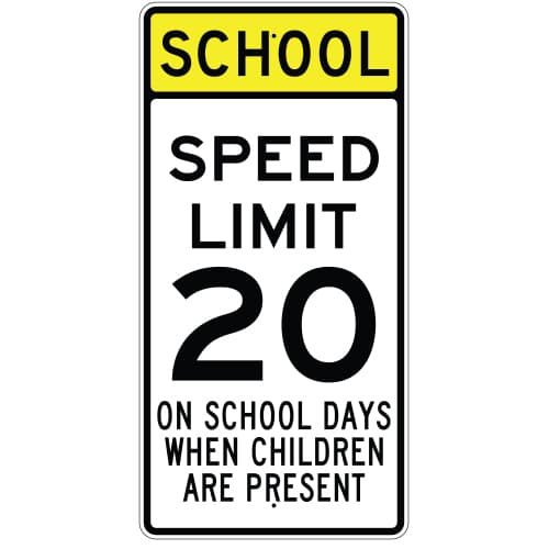 Speed Limit School sign - Sets a reduced speed within a school zone to protect children and pedestrians at certain times.