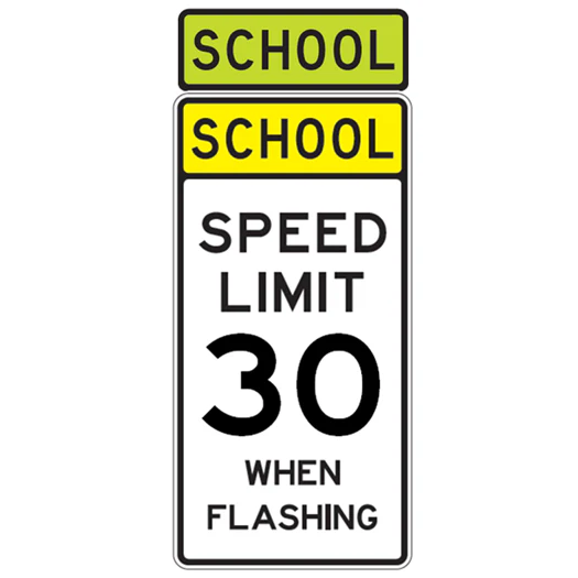 Speed Limit When Flashing sign - Lower speed applies only when the attached yellow lights are flashing.