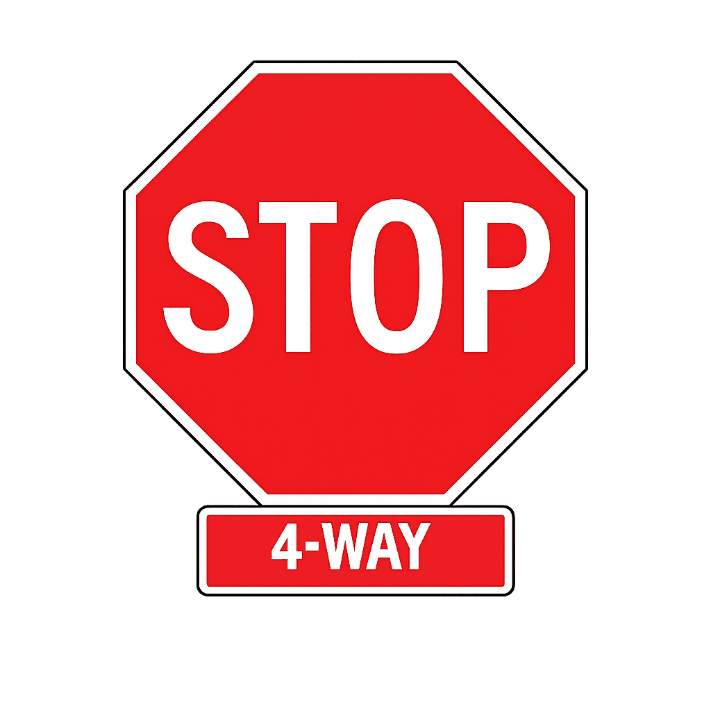 Stop Four Way sign - All approaches must stop; proceed in the order vehicles arrive.