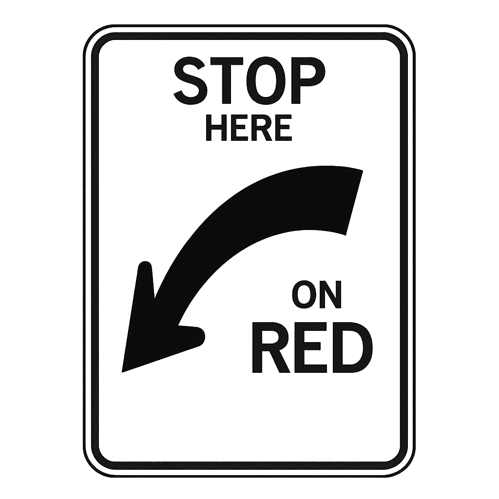 Stop Here On Red sign - Tells drivers where to stop at a red signal, often before a crosswalk or stop line.