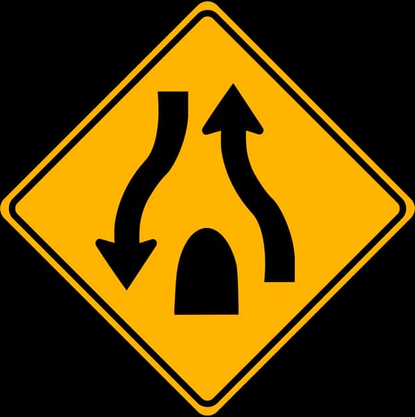 Divided Highway Ends sign - Warns that the median will end and opposing traffic will be next to you again.