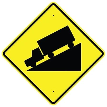 Hill: Downgrade Sign sign - Alerts to a steep downhill grade where braking distances increase, especially for heavy vehicles.