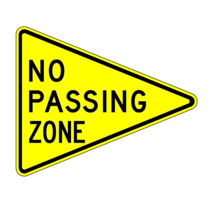 No Passing Zone sign - A pennant-shaped warning that passing is unsafe on this stretch of road.