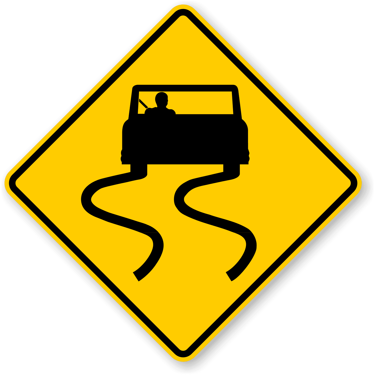 Slippery When Wet sign - Warns that the roadway becomes especially slick in wet conditions; avoid sudden turns or braking.