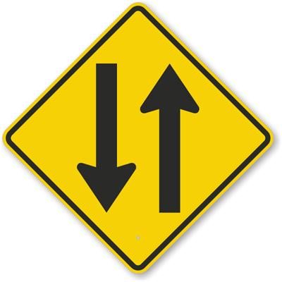 Two Way Traffic Ahead sign - Indicates the start or return of two-way traffic after a divided or one-way section.