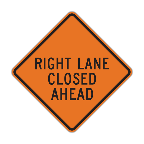 Right Lane Closed Ahead sign - Indicates the right lane will be closed in a work zone; merge safely into an open lane.