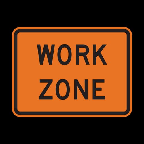 Work Zone sign - Marks the boundaries of a road work area where reduced speeds, fines, and heightened caution apply.